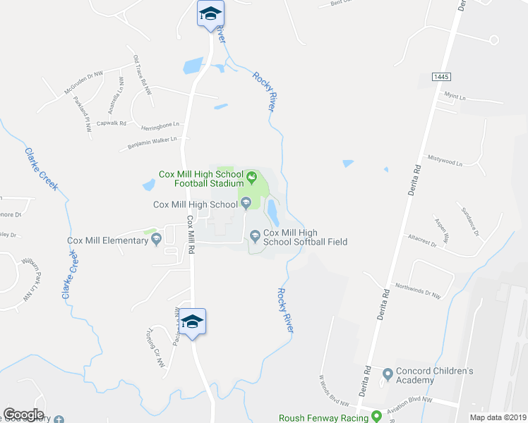 map of restaurants, bars, coffee shops, grocery stores, and more near Cox Mill High School Walking Trail in Concord