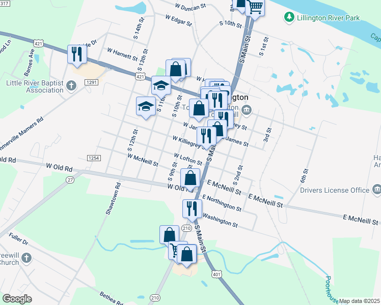 map of restaurants, bars, coffee shops, grocery stores, and more near 1104 South 8th Street in Lillington