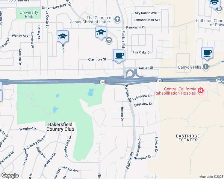 map of restaurants, bars, coffee shops, grocery stores, and more near 3424 Eastview Court in Bakersfield
