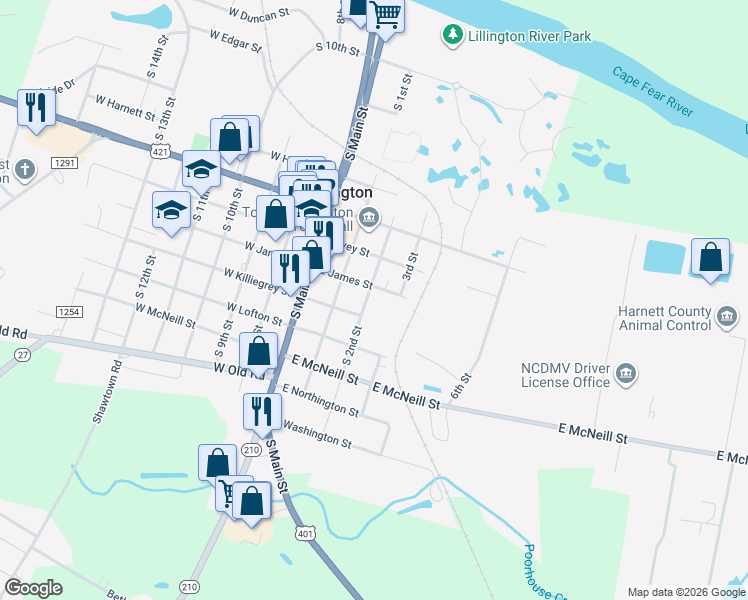 map of restaurants, bars, coffee shops, grocery stores, and more near 1005 South 2nd Street in Lillington