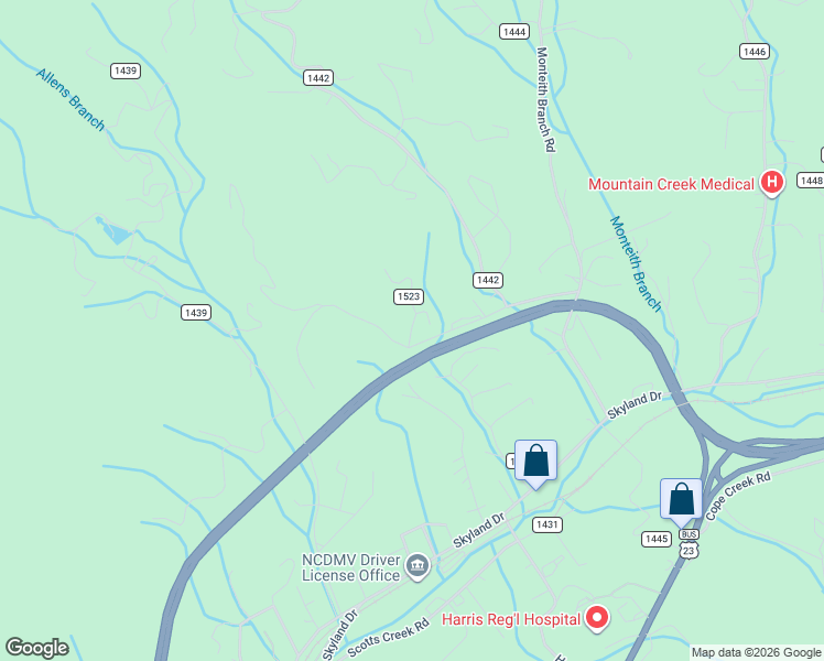 map of restaurants, bars, coffee shops, grocery stores, and more near 232-238 State Road 1523 in Sylva