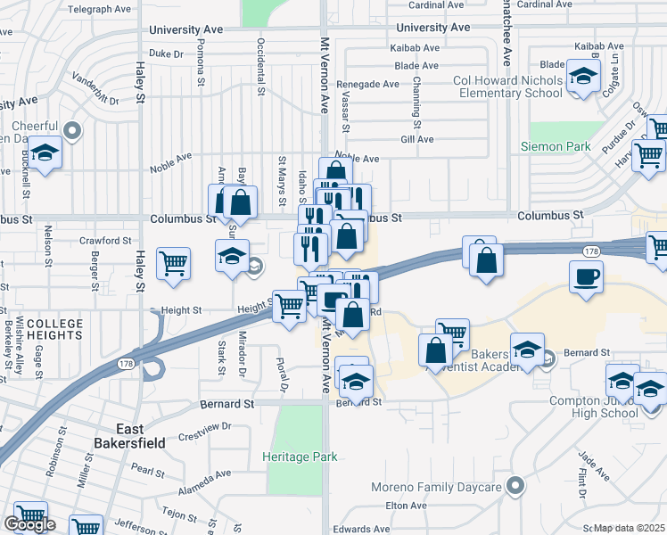 map of restaurants, bars, coffee shops, grocery stores, and more near 2677 Mount Vernon Avenue in Bakersfield