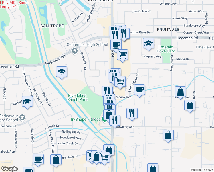 map of restaurants, bars, coffee shops, grocery stores, and more near 3955 Coffee Road in Bakersfield