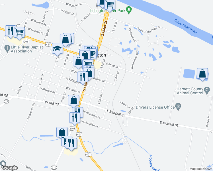 map of restaurants, bars, coffee shops, grocery stores, and more near 1005 South 2nd Street in Lillington