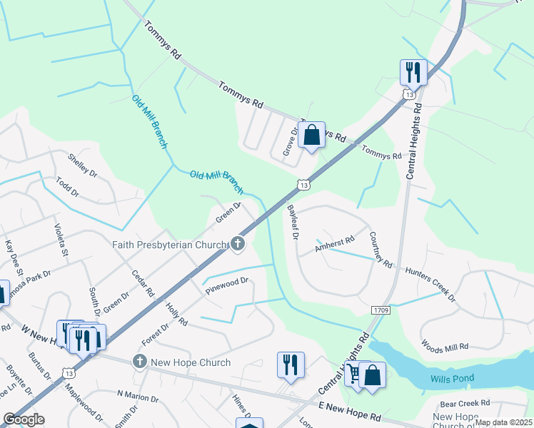 map of restaurants, bars, coffee shops, grocery stores, and more near 1805 Berkeley Boulevard in Goldsboro