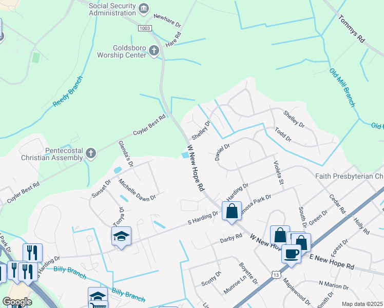 map of restaurants, bars, coffee shops, grocery stores, and more near 553 West New Hope Road in Goldsboro