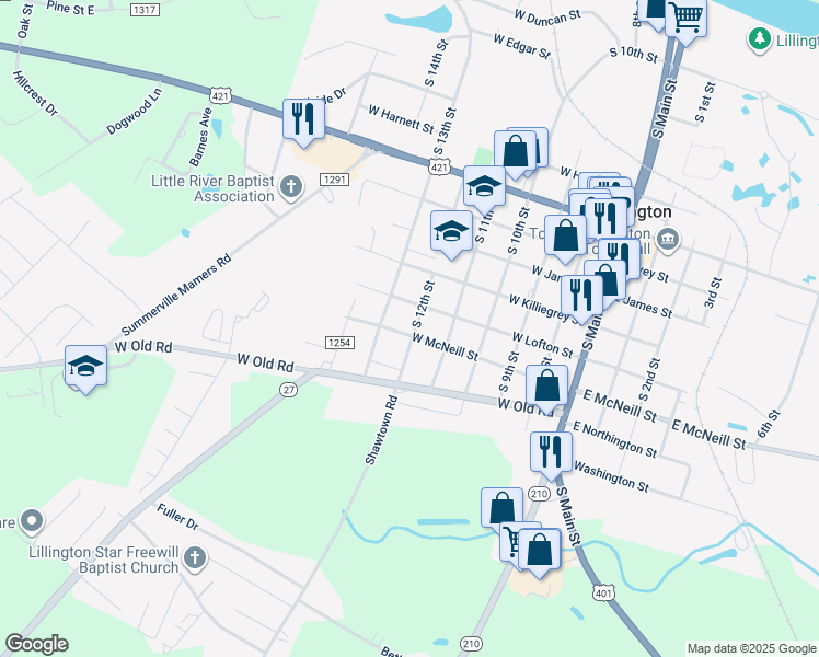 map of restaurants, bars, coffee shops, grocery stores, and more near 504 West McNeill Street in Lillington