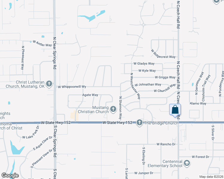 map of restaurants, bars, coffee shops, grocery stores, and more near 1312 Whippoorwill Way in Mustang