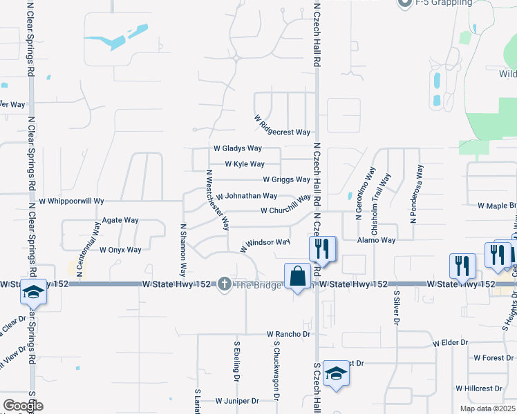 map of restaurants, bars, coffee shops, grocery stores, and more near 1041 West Churchill Way in Mustang