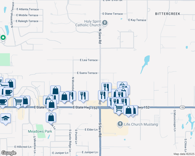 map of restaurants, bars, coffee shops, grocery stores, and more near 519 North Sara Road in Mustang