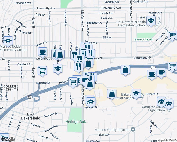 map of restaurants, bars, coffee shops, grocery stores, and more near 2677 Mount Vernon Avenue in Bakersfield