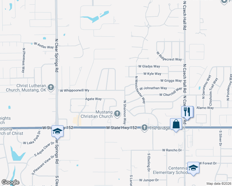 map of restaurants, bars, coffee shops, grocery stores, and more near 1312 Whippoorwill Way in Mustang