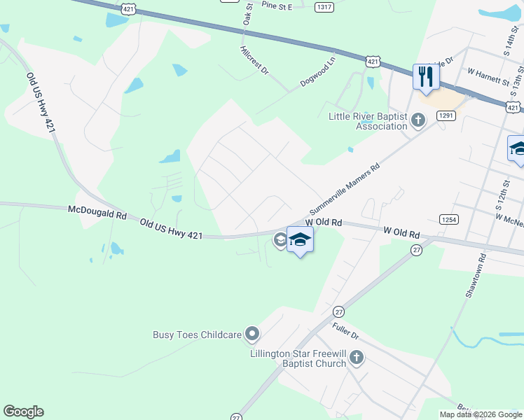 map of restaurants, bars, coffee shops, grocery stores, and more near 1608 Summerville Mamers Road in Lillington