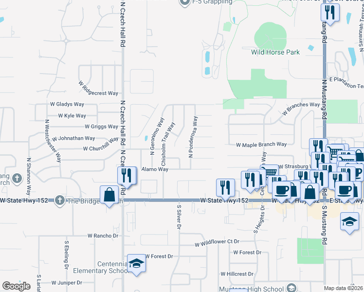 map of restaurants, bars, coffee shops, grocery stores, and more near 631 West Pine Rose Court Way in Mustang