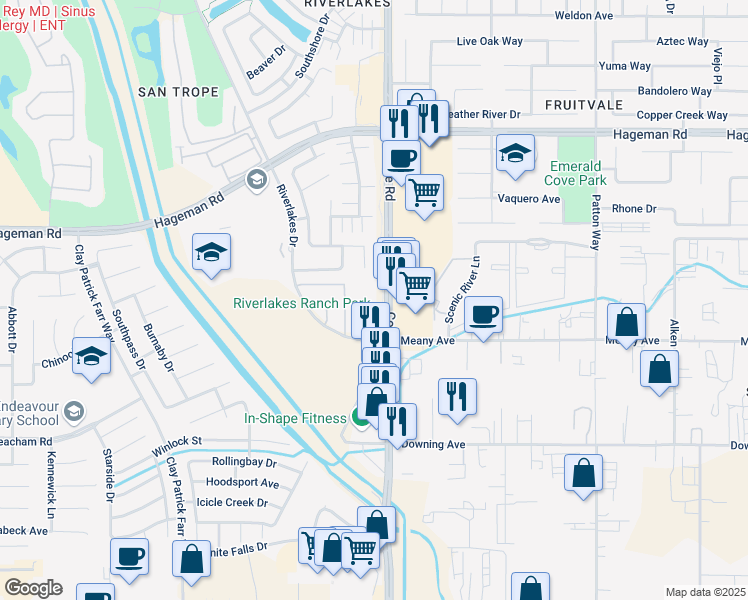map of restaurants, bars, coffee shops, grocery stores, and more near 3955 Coffee Road in Bakersfield