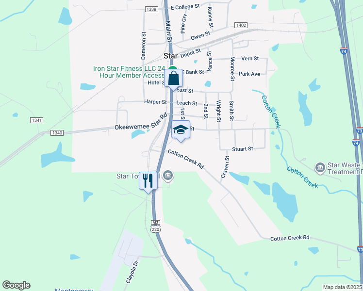 map of restaurants, bars, coffee shops, grocery stores, and more near 302 South Main Street in Star