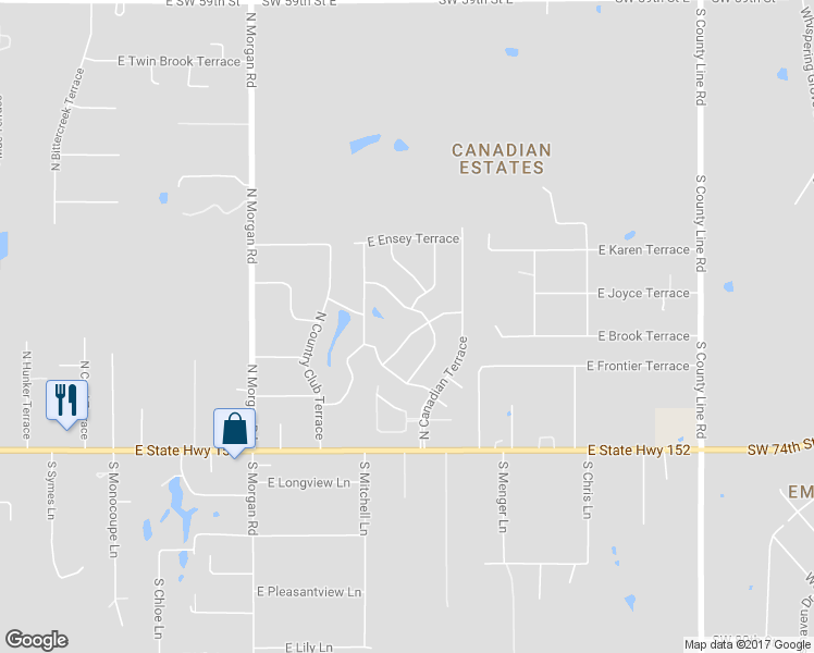 map of restaurants, bars, coffee shops, grocery stores, and more near 1939 East Willow Creek Terrace in Mustang