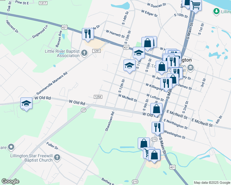 map of restaurants, bars, coffee shops, grocery stores, and more near 504 West McNeill Street in Lillington