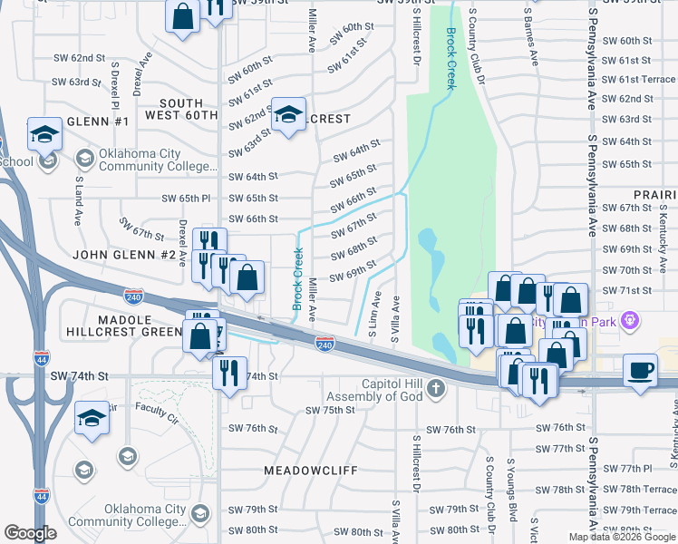 map of restaurants, bars, coffee shops, grocery stores, and more near 2613 Southwest 69th Street in Oklahoma City