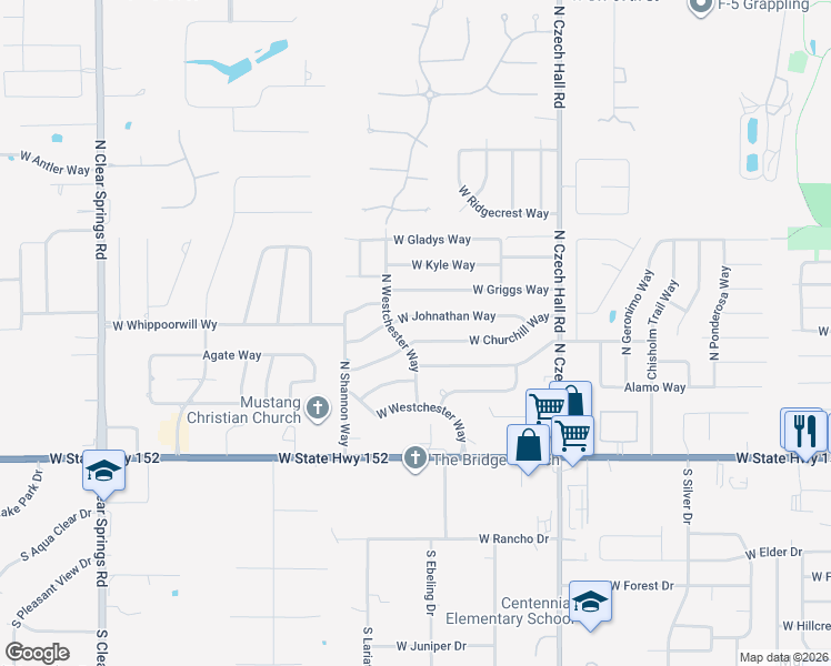 map of restaurants, bars, coffee shops, grocery stores, and more near 1131 West Churchill Way in Mustang