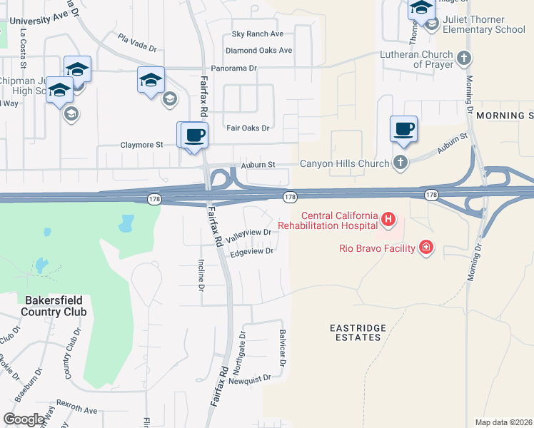 map of restaurants, bars, coffee shops, grocery stores, and more near 6900 Valleyview Drive in Bakersfield
