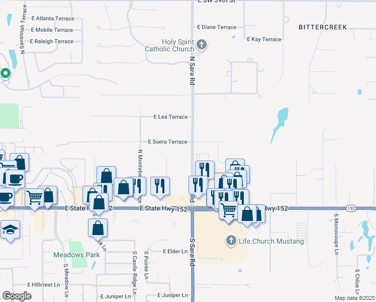 map of restaurants, bars, coffee shops, grocery stores, and more near 519 North Sara Road in Mustang