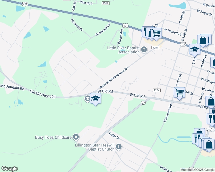 map of restaurants, bars, coffee shops, grocery stores, and more near 1413 Summerville Mamers Road in Lillington