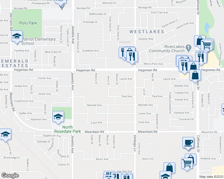 map of restaurants, bars, coffee shops, grocery stores, and more near 10801 Allene Way in Bakersfield