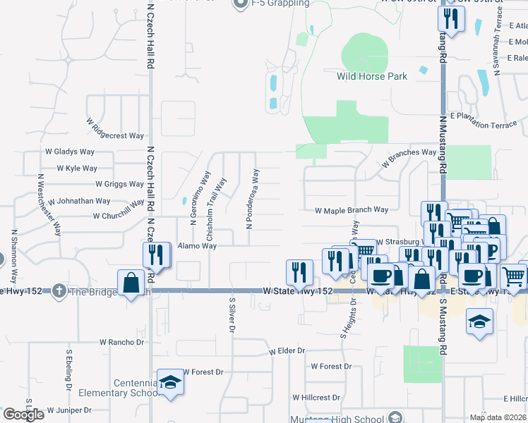 map of restaurants, bars, coffee shops, grocery stores, and more near 553 West Pine Rose Court Way in Mustang