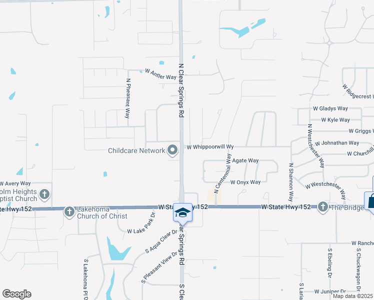 map of restaurants, bars, coffee shops, grocery stores, and more near 409 South Clear Springs Road in Mustang