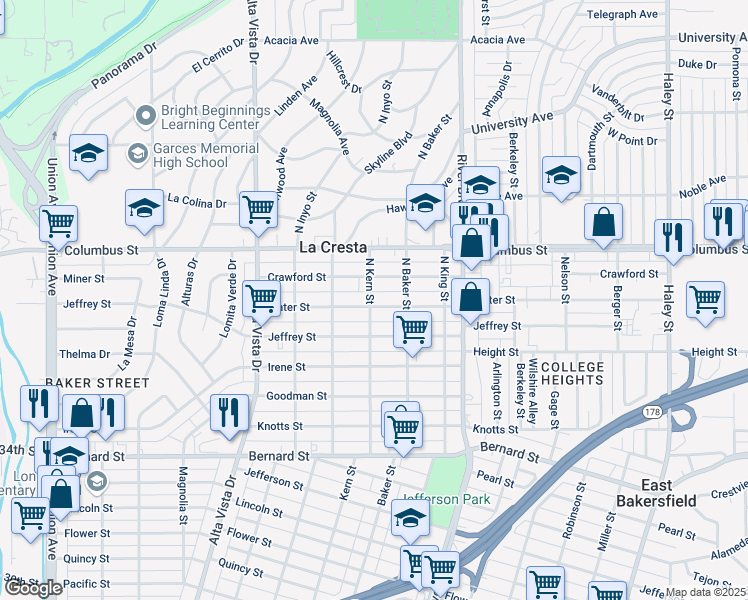 map of restaurants, bars, coffee shops, grocery stores, and more near 600 Water Street in Bakersfield