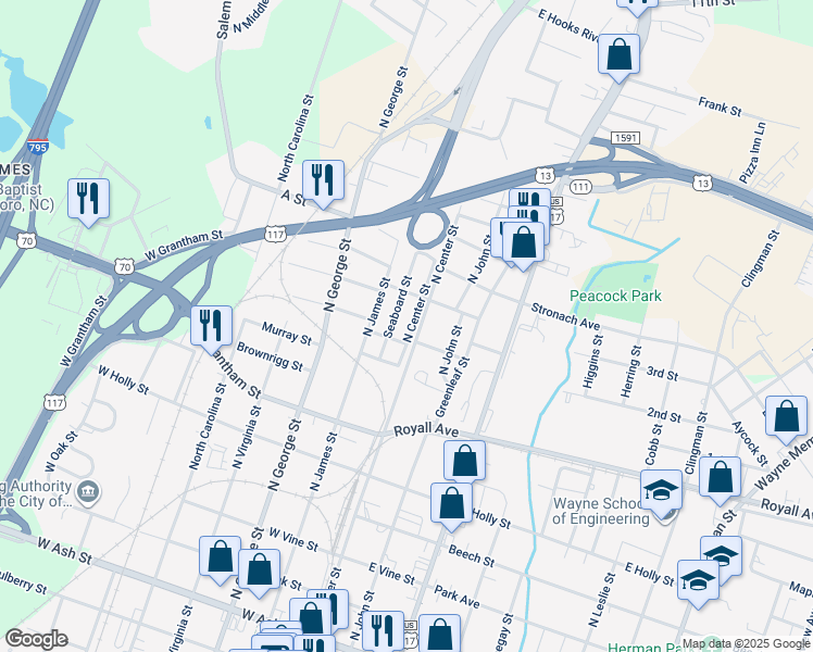 map of restaurants, bars, coffee shops, grocery stores, and more near 904 N Seaboard St in Goldsboro