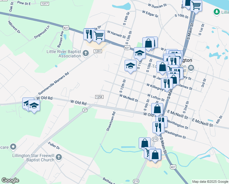 map of restaurants, bars, coffee shops, grocery stores, and more near 504 West McNeill Street in Lillington