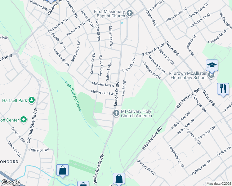 map of restaurants, bars, coffee shops, grocery stores, and more near 356 Melrose Drive Southwest in Concord