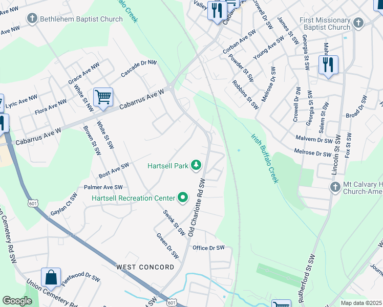map of restaurants, bars, coffee shops, grocery stores, and more near Sunderland Road Southwest in Concord