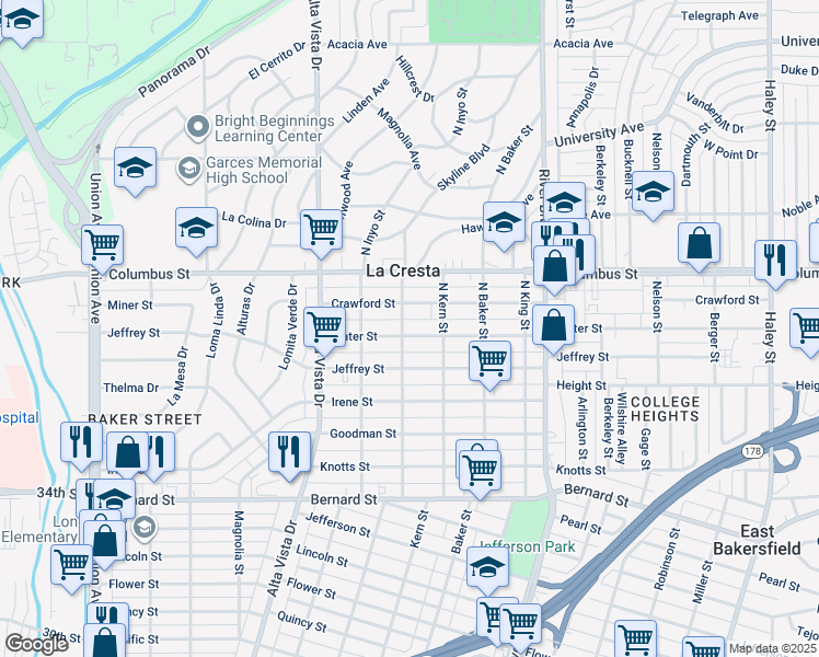 map of restaurants, bars, coffee shops, grocery stores, and more near 2501 North Tulare Street in Bakersfield