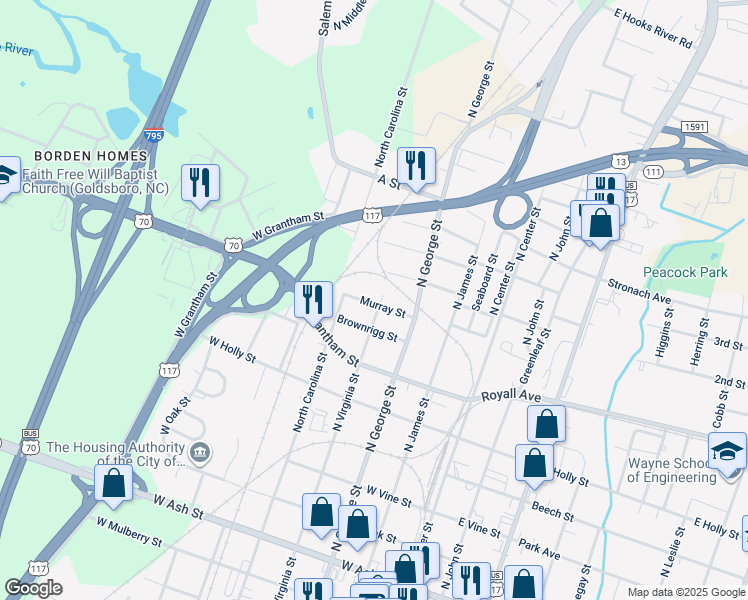 map of restaurants, bars, coffee shops, grocery stores, and more near 405 Murray Street in Goldsboro