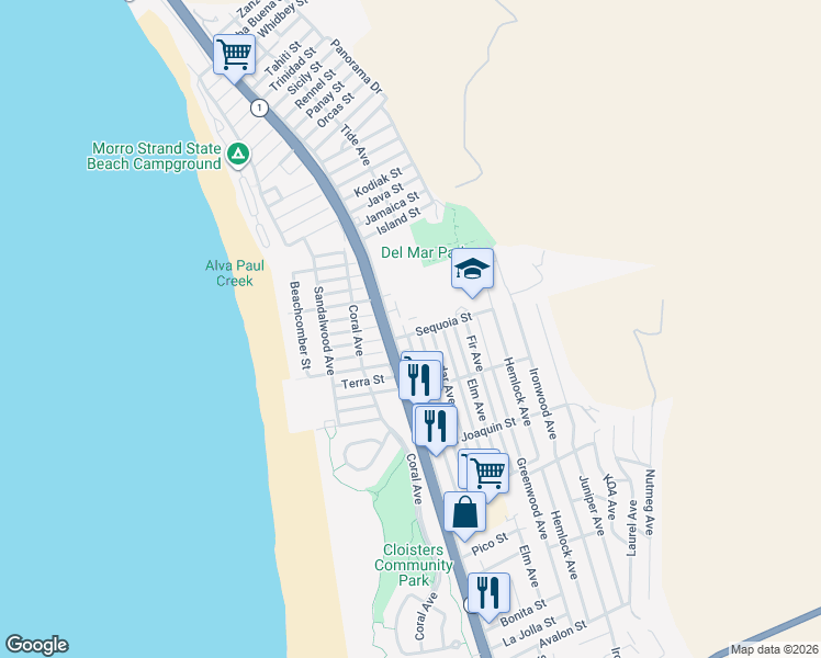 map of restaurants, bars, coffee shops, grocery stores, and more near 365 Sequoia Street in Morro Bay