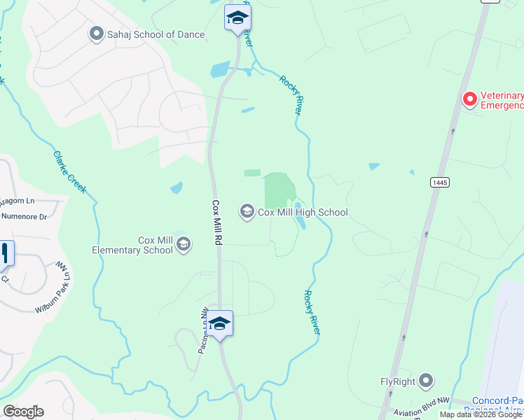 map of restaurants, bars, coffee shops, grocery stores, and more near 1355 Cox Mill Road in Concord