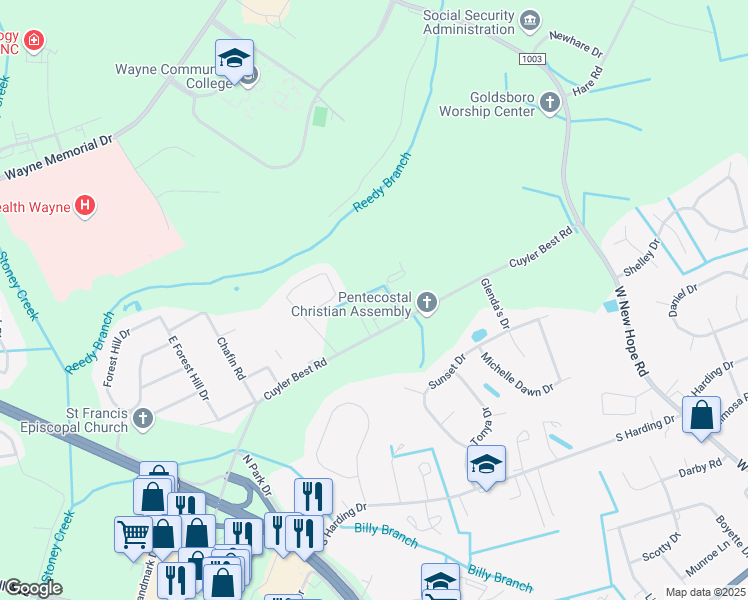 map of restaurants, bars, coffee shops, grocery stores, and more near 1567 Cuyler Best Road in Goldsboro