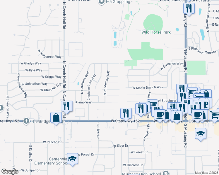 map of restaurants, bars, coffee shops, grocery stores, and more near 553 West Pine Rose Court Way in Mustang