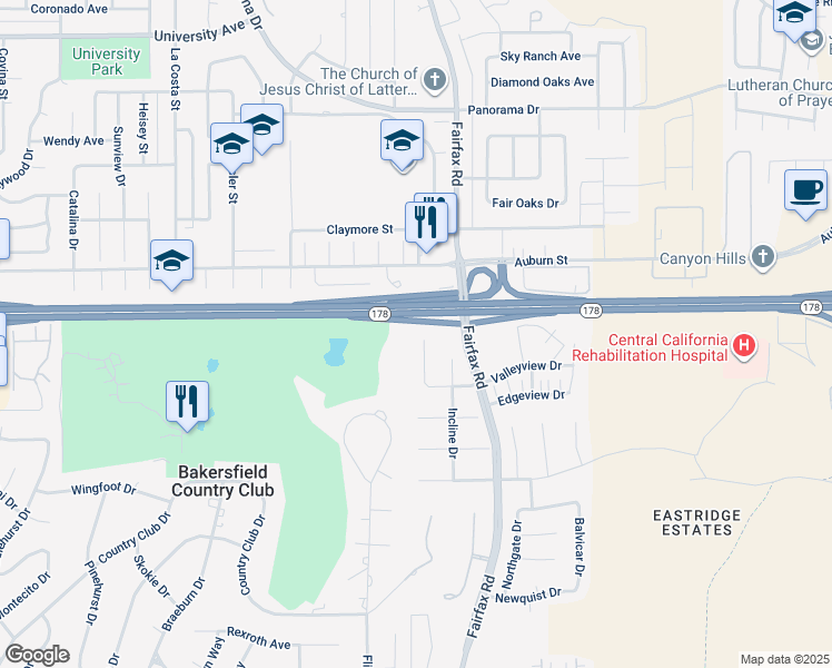 map of restaurants, bars, coffee shops, grocery stores, and more near 3424 Eastview Court in Bakersfield