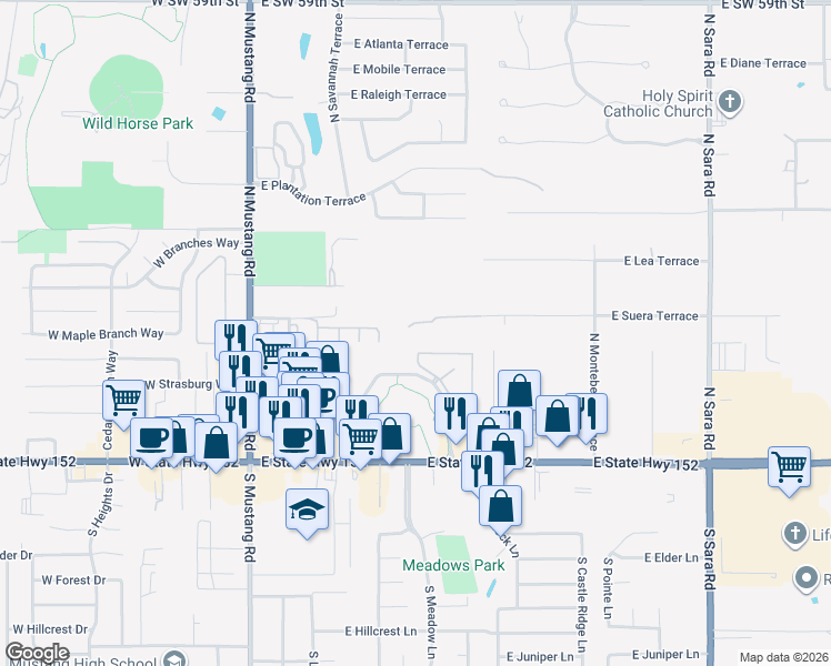 map of restaurants, bars, coffee shops, grocery stores, and more near 400 State Highway 152 in Mustang