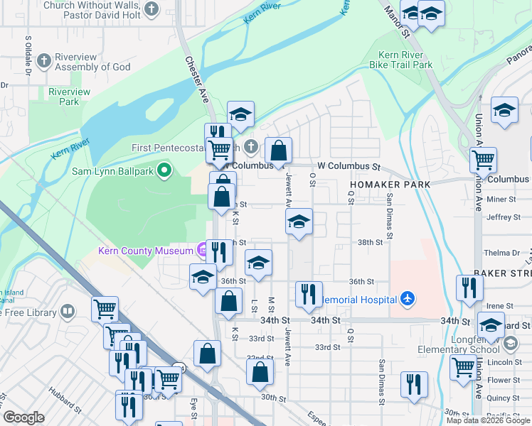 map of restaurants, bars, coffee shops, grocery stores, and more near 1201 40th Street in Bakersfield