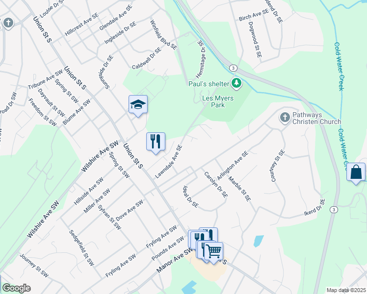 map of restaurants, bars, coffee shops, grocery stores, and more near 78 Lawndale Avenue Southeast in Concord