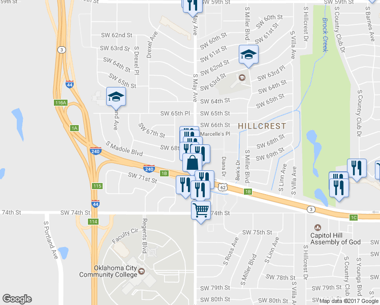 map of restaurants, bars, coffee shops, grocery stores, and more near 6901 South May Avenue in Oklahoma City