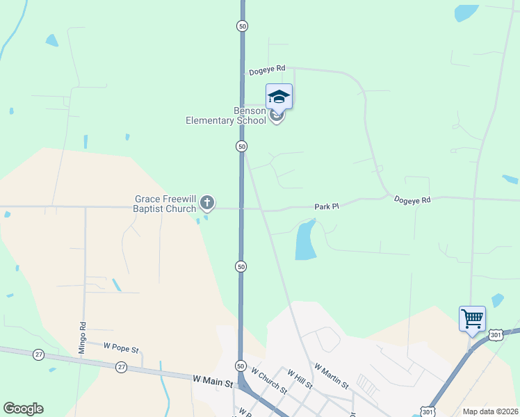 map of restaurants, bars, coffee shops, grocery stores, and more near 905 North Lincoln Street in Benson