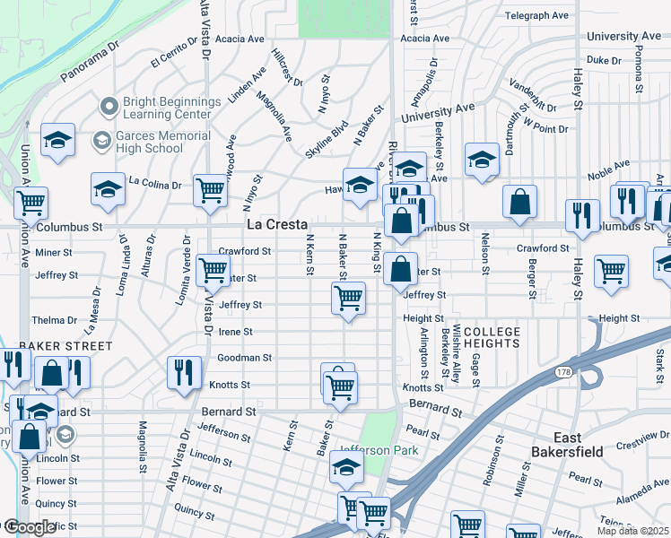 map of restaurants, bars, coffee shops, grocery stores, and more near 700 Water Street in Bakersfield