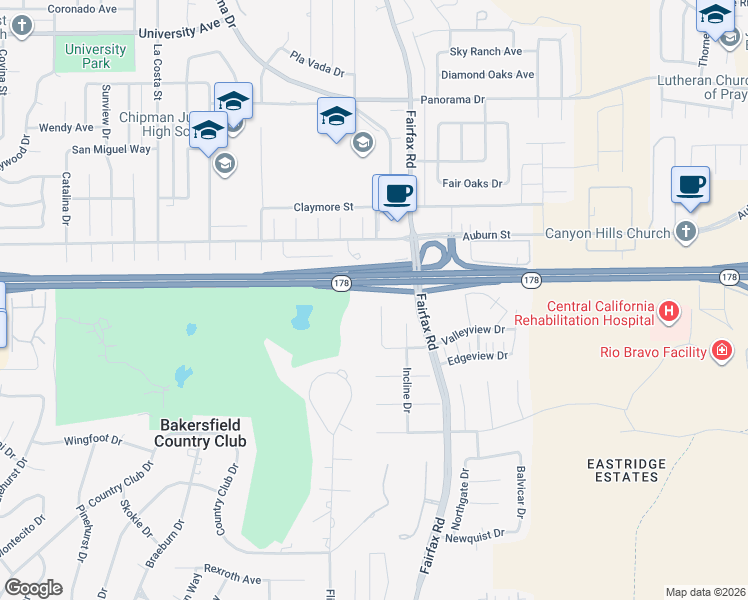 map of restaurants, bars, coffee shops, grocery stores, and more near 3424 Eastview Court in Bakersfield
