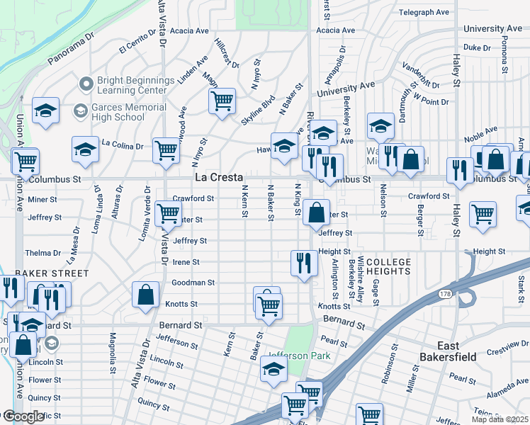 map of restaurants, bars, coffee shops, grocery stores, and more near 700 Water Street in Bakersfield